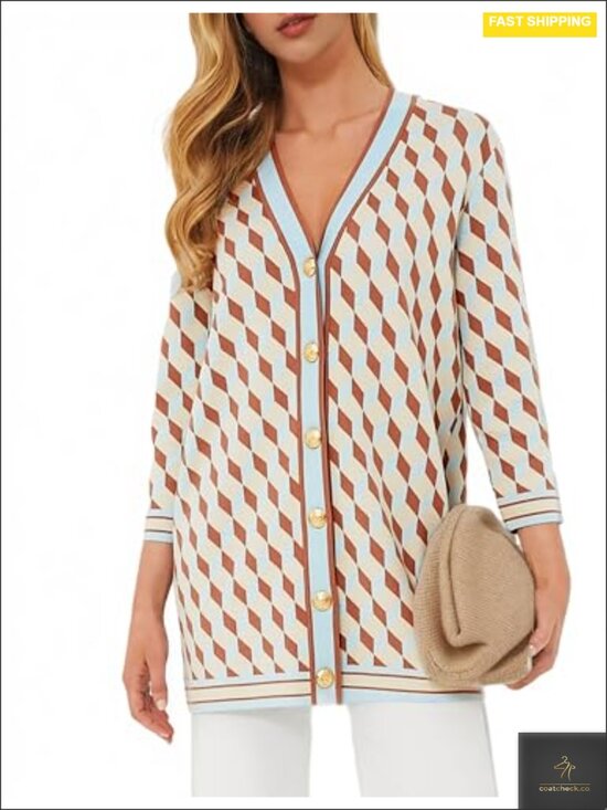 Sweaters - Oversized Checkered Knit Cardigan - 3/4 Sleeve Button Down